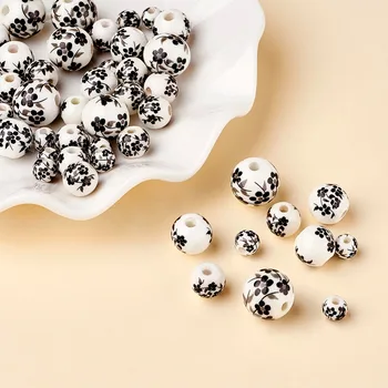 100ks 6~12 mm Ručně Tištěné Květinové Porcelán Keramické Korálky pro Šperky Zjištění DIY Materiál, Kulatý, Černá & Bílá