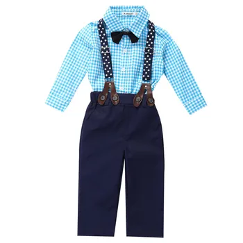 0-24M Novorozence Chlapci Oblečení motýlek Res Modré Kostkované Košili Podvazkové Kalhoty Kalhoty Oblečení Batole Dítě Dítě Chlapci Oblečení