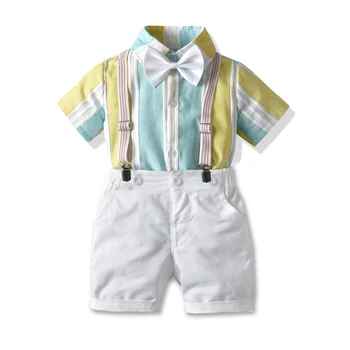 0-6Y Letní Gentleman Kojenecké Dětské chlapecké Oblečení Sady Pruhované Krátký Rukáv Jediné Breasted Topy Bow Tie Kombinézy Šortky