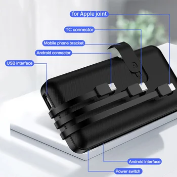 10000mAh Vestavěný Kabel Power Bank USB Externí Baterie Powerbank Ultra Tenká Přenosná Nabíječka pro iphone X xiaomi Mobilní telefony