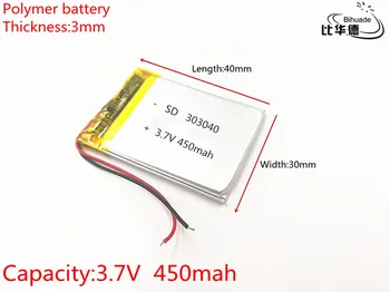 100ks 3.7 V,450mAH,303040 PLIB; polymer lithium-ion / Li-ion baterie pro GPS,mp3,mp4,mp5,dvd
