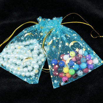 100ks 9x12cm Tažná Organza Tašky Star Moon Lake Modrá barva Svatební Vánoční Dárková Taška Šperky Balicí Tašky Sáčky
