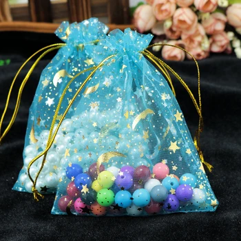 100ks 9x12cm Tažná Organza Tašky Star Moon Lake Modrá barva Svatební Vánoční Dárková Taška Šperky Balicí Tašky Sáčky
