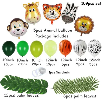 109pcs Palmový List Zvíře, Balónky, Věnec Arch Kit Jungle Safari Party Dodávky Děti Birthday Party, Baby Sprcha Chlapec Dekorace