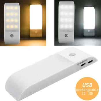 12 LED Pohybu Snímače Noční Světlo v Kabinetu Světelné Čidlo Šatna Světlo USB Dobíjecí W/Magnetické Pro Skříň Kuchyně po Schodech