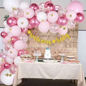 136pcs Růžové Konfety, Balón Girlanda Happy Birthday Balónky Vítejte DĚTSKÉ Dekorace Baby Sprcha Dívka Svatební Party Dekor