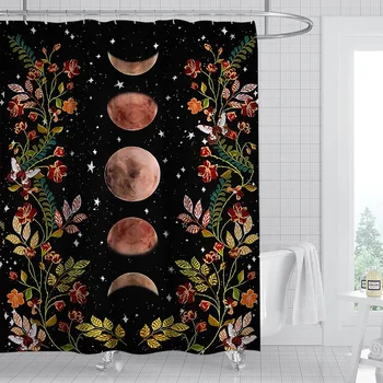 180*180cm Měsíc Gradient Sprchový Závěs Vodotěsné Plísním Důkaz Punch-zdarma Perforované Tisk Květina Koupelna Opona