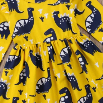 2018 Batole, Děti, Dítě Holky Bavlny Dlouhé Létání Rukáv Dinosaurus Party Průvod Žluté Šaty Anime Oblečení
