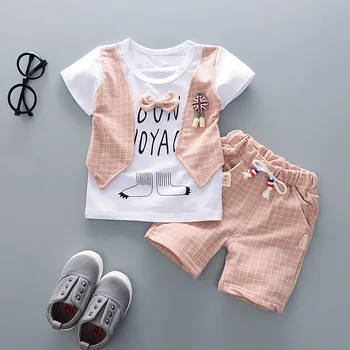 2018 Letní novorozené Chlapce Oblečení Sady Kreslený mřížky Kravatu T-shirt + Kalhoty 2 ks set Boy Oblečení