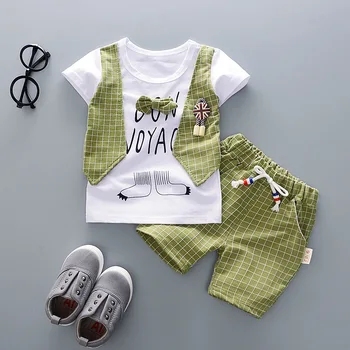 2018 Letní novorozené Chlapce Oblečení Sady Kreslený mřížky Kravatu T-shirt + Kalhoty 2 ks set Boy Oblečení
