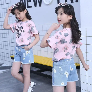 2019 Letní Korean Teen Dívky Printting T-Košile+Džínové Šortky Oblek Děti Oblečení Sady Pro Holku 3 5 7 9 11 13 Let Nosit DWQ099