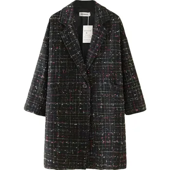 2019 Módní Oversize Podzim Zimní Vlněné Sako Dámské Kostkované Oblečení Ženské Volné Dlouhý Kabát Plus velikosti 5XL Oblek Bundy G741