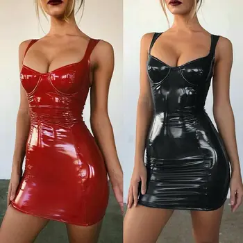 2019 Nejnovější Módní Oblečení Vzít Umělé Kůže AU Ženy, Sexy Latexové Umělé Kůže Bodycon Večerní Party Strappy Šaty
