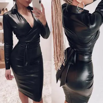 2019 Nové Ženy Sexy V Neck Černé Šaty Mini Šaty PU Kůže Dlouhý Rukáv Bodycon Shirt Šaty