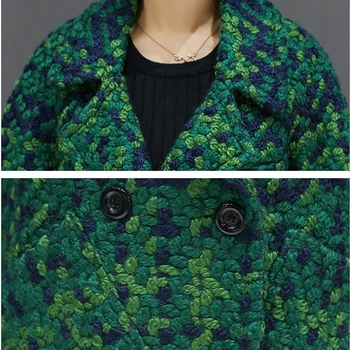 2019 Podzim Zima Ženy Kostkované Vlněné Kabát Módní Zelené Surové Vlněné Kabát ženy Plus velikosti Zahustit Slim Základní Kabát Ženy N363