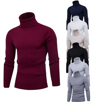 2019 pánské double límec kvalitní teplý svetr pánské módní solid knit pánský svetr casual slim svetr