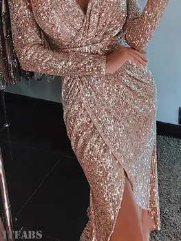 2019 Ženy Sexy V krku Bodycon dlouhý rukáv hubená Šaty Slim Glitter Elegantní Dámské Party Šaty
