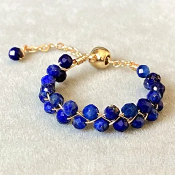 2020 14k Zlato Zabalené Ručně dělaný Prsten, Přírodní Lapis Lazuli dvouřadá Ring Ring