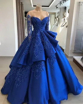 2020 Královská Modrá Vintage Plesové Šaty Quinceanera Šaty Off Rameno Dlouhý Rukáv Zdobený Korálky Vestidos De 15 Años Sladké 16 Ples