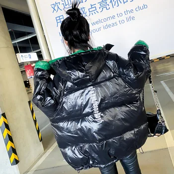 2020 Lesklý Zimní Polstrovaná Bunda Ženy Harajuku Oversize Patchwork Kabát Středně Dlouhé Sako Dopis Tisk Volné S Kapucí Bundy