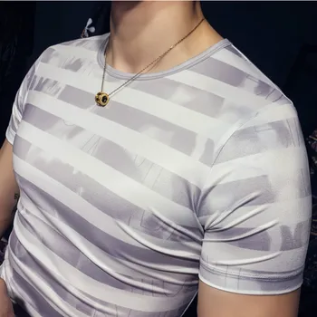 2020 Letní Casual Men T-shirt Pruhované Tričko Streetwear Ice Hedvábí Prodyšný Tee Tops Mužské trička Hip Hop Značky Pánské Oblečení