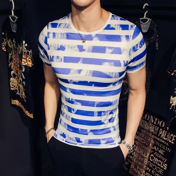2020 Letní Casual Men T-shirt Pruhované Tričko Streetwear Ice Hedvábí Prodyšný Tee Tops Mužské trička Hip Hop Značky Pánské Oblečení
