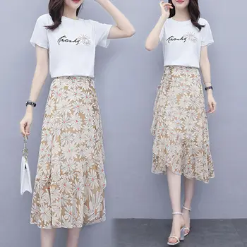 2020 Letní Korean Módní T-košile Sukně Sada Elegantní Ženy Šaty Tisk Holky Studenti Ležérní Sladké Oblečení Velkoobchod