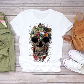 2020 Letní Módní Lebka Luk chryzantéma květinové tisk estetické oblečení geek T-shirt Top T Shirt Ladies Graphic Ženské Tee