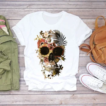 2020 Letní Módní Lebka Luk chryzantéma květinové tisk estetické oblečení geek T-shirt Top T Shirt Ladies Graphic Ženské Tee
