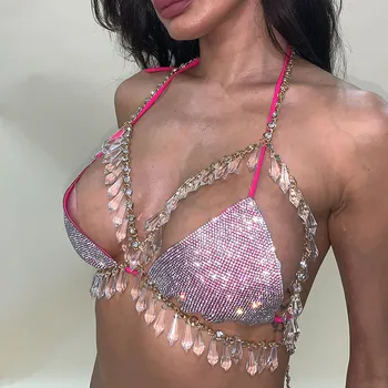 2020 Luxusní Barevný Střapec Crystal Hrudi Tělo Řetězce Podprsenka Sexy spodní Prádlo pro Ženy Letní Dovolená Mateřského Řetězce Podprsenku Tělo Šperky
