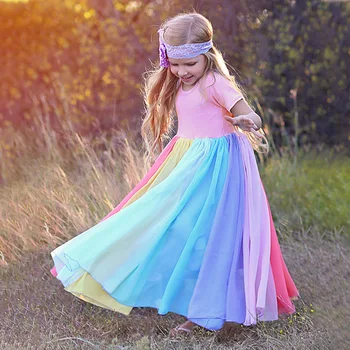 2020 Léto Nové Příjezdu Dívky Krátký Rukáv Šaty Ležérní Dlouhé Šaty Duhové Barvy Šití dětského Oblečení Pro Dívky 2-8 Y