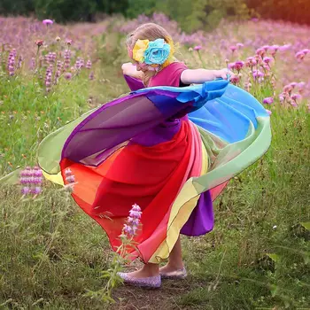 2020 Léto Nové Příjezdu Dívky Krátký Rukáv Šaty Ležérní Dlouhé Šaty Duhové Barvy Šití dětského Oblečení Pro Dívky 2-8 Y