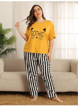 2020 Nové Bavlna Pijama Plus Velikost Roztomilý Ležérní Ženy Pyžamo Set Letní Krátký Rukáv Plná Délka Kalhoty, Noční Úbory Oblek Dropshipping