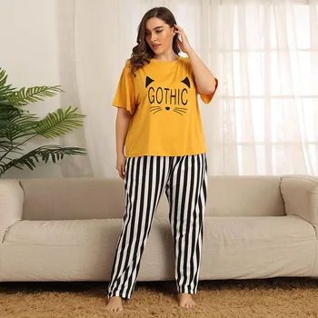 2020 Nové Bavlna Pijama Plus Velikost Roztomilý Ležérní Ženy Pyžamo Set Letní Krátký Rukáv Plná Délka Kalhoty, Noční Úbory Oblek Dropshipping