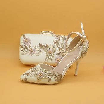 2020 Nové Bílé Květinové Krajky svatební boty s odpovídající tašky, Vysoké podpatky, Špičaté Toe Kotník Popruh Dámy Strana boty a taška set