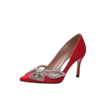 2020 nové jarní špičaté dámské vysoké podpatky boty luk drahokamu večeři jehlové boty červené svatební boty