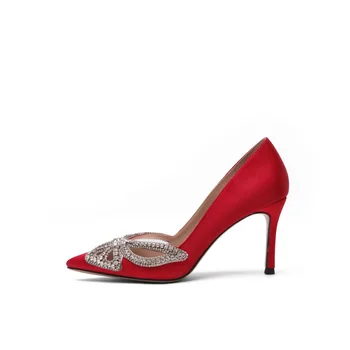 2020 nové jarní špičaté dámské vysoké podpatky boty luk drahokamu večeři jehlové boty červené svatební boty