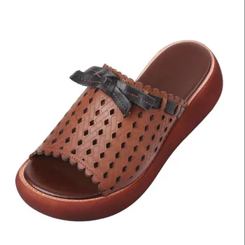 2020 Nové Originální Kožené Pantofle Ženy Letní Boty Ženy Retro Klíny Platformy Přezůvky pohodlí sandály Neformální Snímky