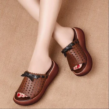 2020 Nové Originální Kožené Pantofle Ženy Letní Boty Ženy Retro Klíny Platformy Přezůvky pohodlí sandály Neformální Snímky