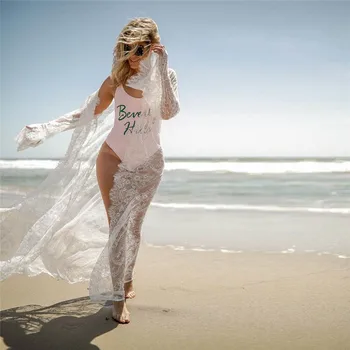 2020 NOVÉ Ženy, Bikiny Zakrýt Letní Sexy Krajkové Kimono Boho Pláž Dlouhé Maxi Šaty Čiré Volné Kaftan Tunika Plavky Černá Bílá