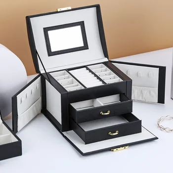 2020 Nový Luxusní Tří-tier Storage šperkovnice Se Zrcadlem Přenosný Hedvábné Vlákno Úložný Box Náušnice Prsten Šperky Box