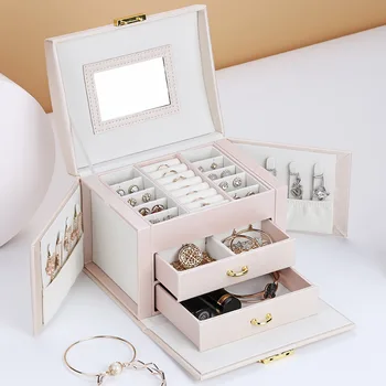 2020 Nový Luxusní Tří-tier Storage šperkovnice Se Zrcadlem Přenosný Hedvábné Vlákno Úložný Box Náušnice Prsten Šperky Box