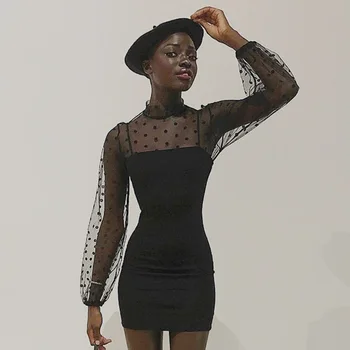 2020 Polka Dot Švy, Dlouhý Rukáv Mini Šaty Ženy Sexy Černé Čiré Mesh Rukáv Temperament Šaty Ženy Krajkové Šaty Letní Šaty