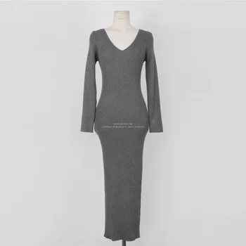 2020 temperament hluboký V-neck pletené šaty Office Lady Polyester Pouzdro Zipy Korean podzimní oblečení