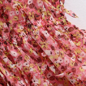 2020 ženy elegantní v neck květinové tisk textury dekorace šifon šaty dámské elastické pas vestidos elegantní šaty značky DS3629