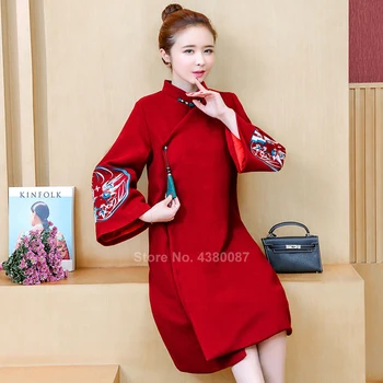 2020 Ženy Zimní Kabáty Tradiční Čínské Oblečení Zimní Tlusté Cheongsam Šaty Jeřáb Výšivky Vintage Vlny Qipao Nový Rok
