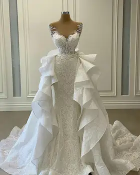 2021 Bílá Mořská víla Svatební Šaty s Odnímatelným Vlak Volánky Krajka Aplikovaný Svatební Šaty Plus Velikosti Vestidos de novia