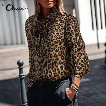 2021 Celmia Elegantní Luk Halenka Ženy Sexy Leopard Tisk Halenky Dlouhý Rukáv Office Ležérní Volné Klopy Knoflíky, Tričko, Párty Topy