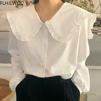 2021 Jaře Korea Elegantní Módní Oblečení Ženy Dlouhý Rukáv Blusas Pevné Bílé Tričko Jediné Breasted Tlačítko Topy A Halenky
