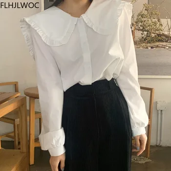 2021 Jaře Korea Elegantní Módní Oblečení Ženy Dlouhý Rukáv Blusas Pevné Bílé Tričko Jediné Breasted Tlačítko Topy A Halenky